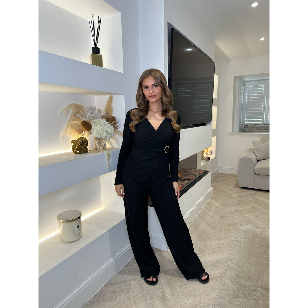 Black Buckle Detail Long Sleeve Lounge Set