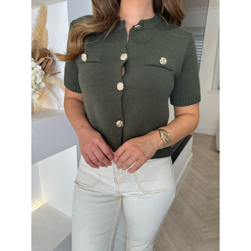 Khaki Round Neck Knitted Button Top