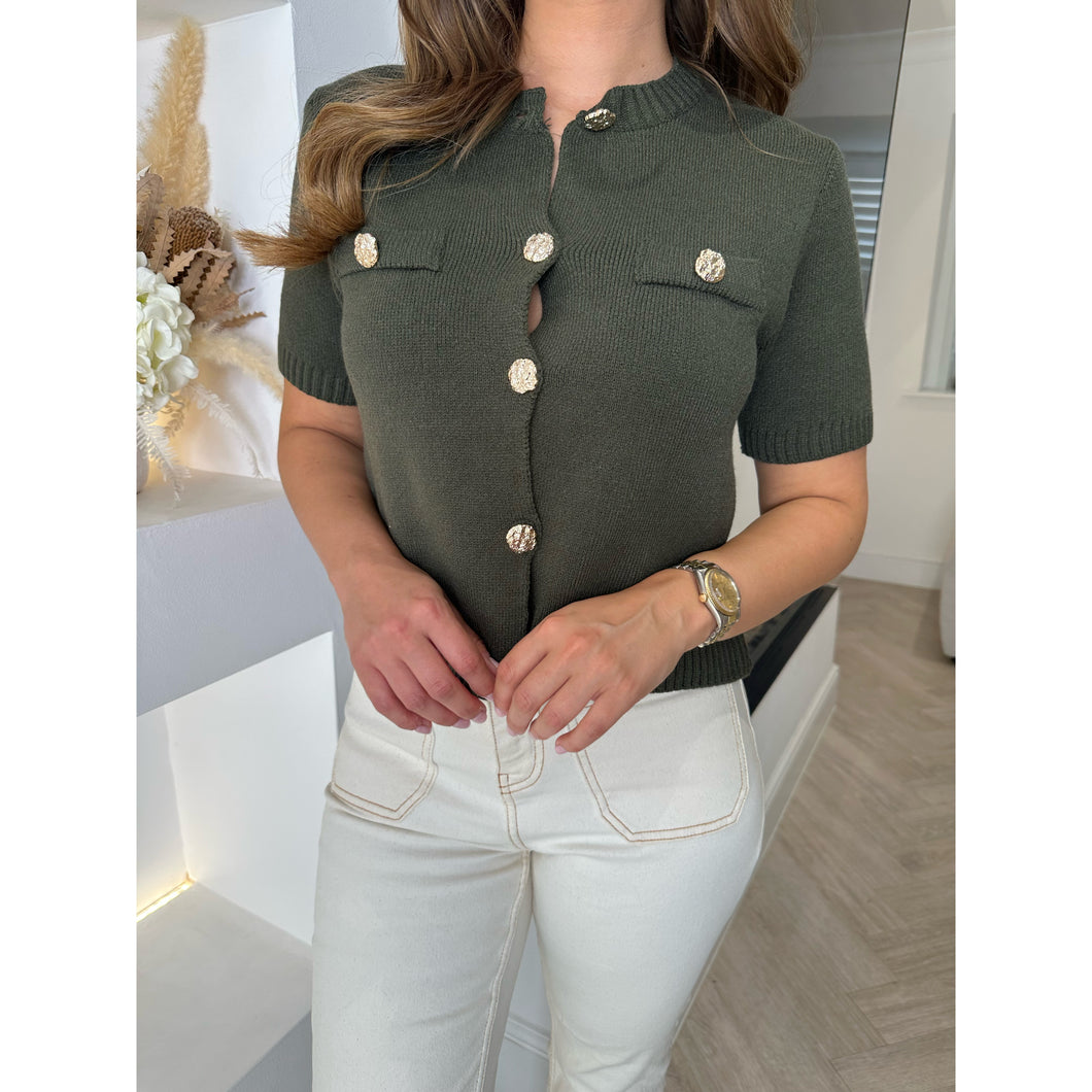 Khaki Round Neck Knitted Button Top