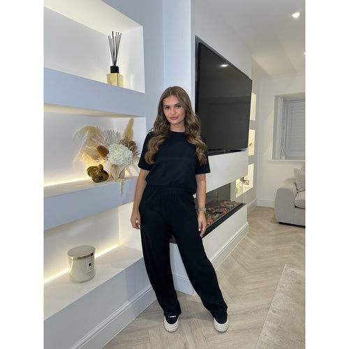Black Crinkle Textured Wide Leg Lounge Set