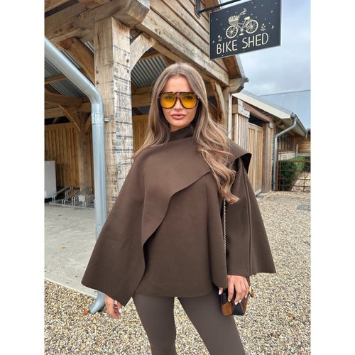 Chocolate Brown Scarf Detail Poncho Cape