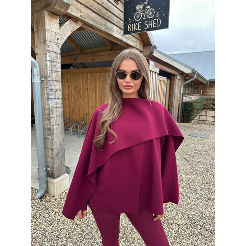 Burgundy Scarf Detail Poncho Cape