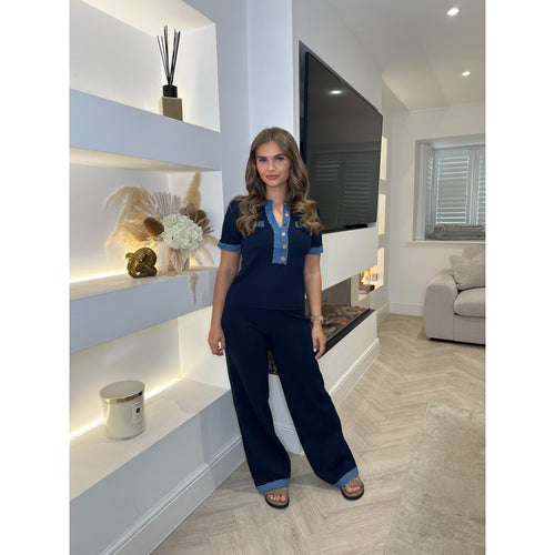 Navy Denim Trim Fine Knit Lounge Co Ord
