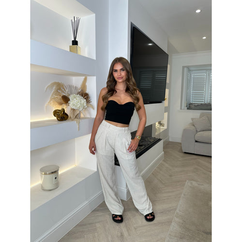 Beige Linen Wide Leg Trousers