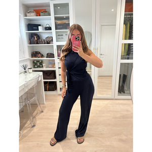 Navy Textured Tie Detail Lounge Set