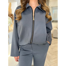 Charcoal Grey Collared Zip Bubble Hem Lounge Set