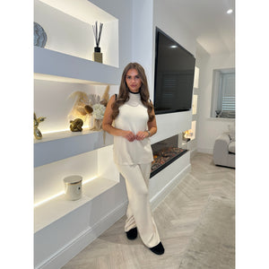 Cream Contrast High Neck Lounge Set
