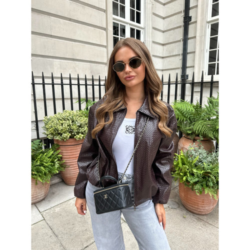 Dark Brown Woven Faux Leather Jacket
