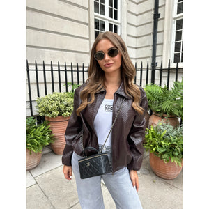 Dark Brown Woven Faux Leather Jacket