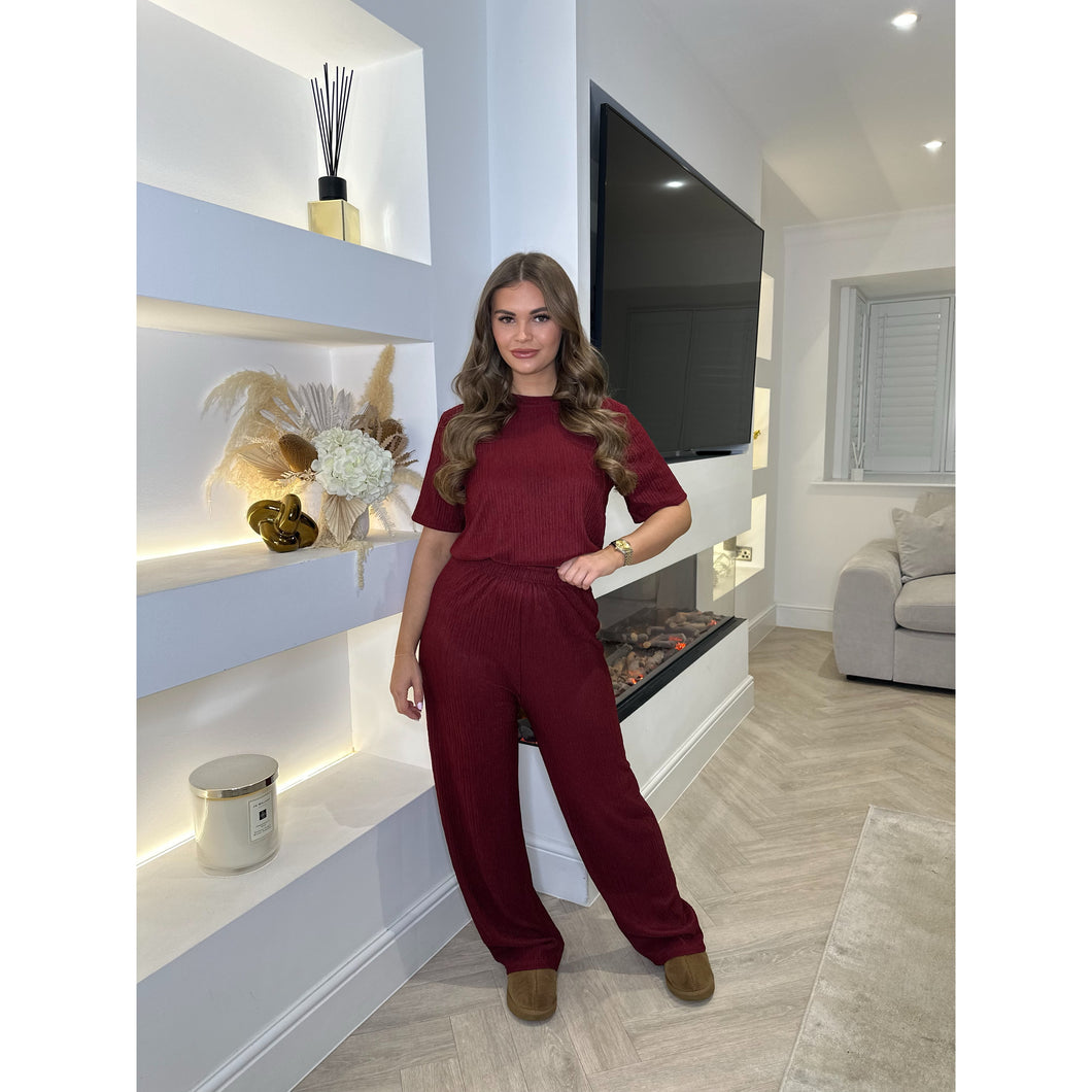 Burgundy Crinkle Textured Wide Leg Lounge Set